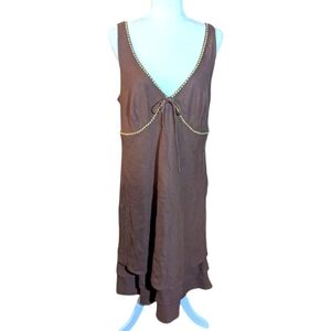 Brown Linen Sleeveless Dress Beaded Trim V Neck Babydoll Tiered Sz 16